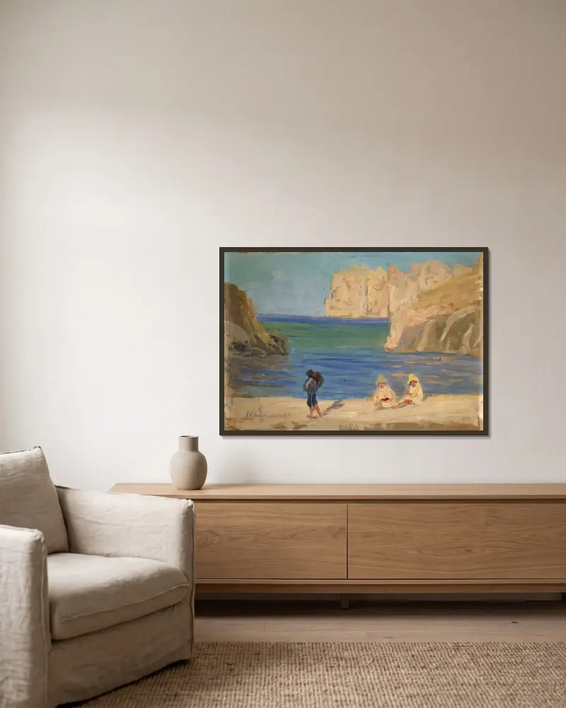 Rocky Bay with Two Seated Figures av Ernst Schiess inramad på en vägg
