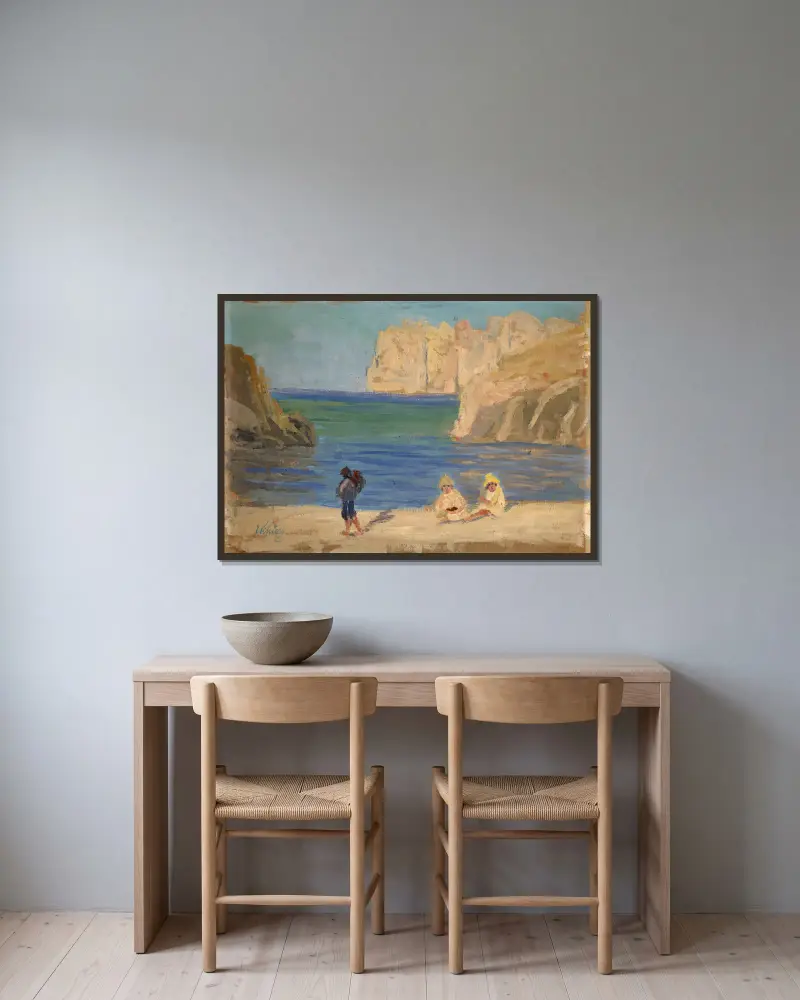 Rocky Bay with Two Seated Figures av Ernst Schiess inramad på en vägg