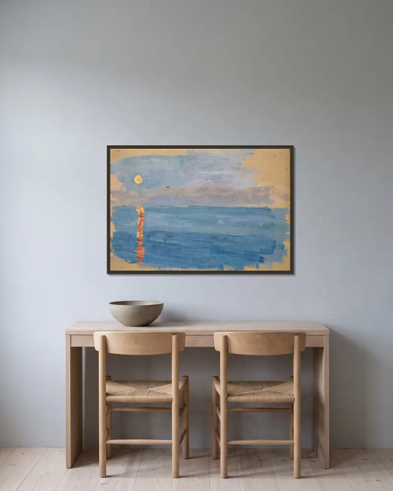 Solnedgång över en havsvik av Ernst Schiess inramad på en vägg
