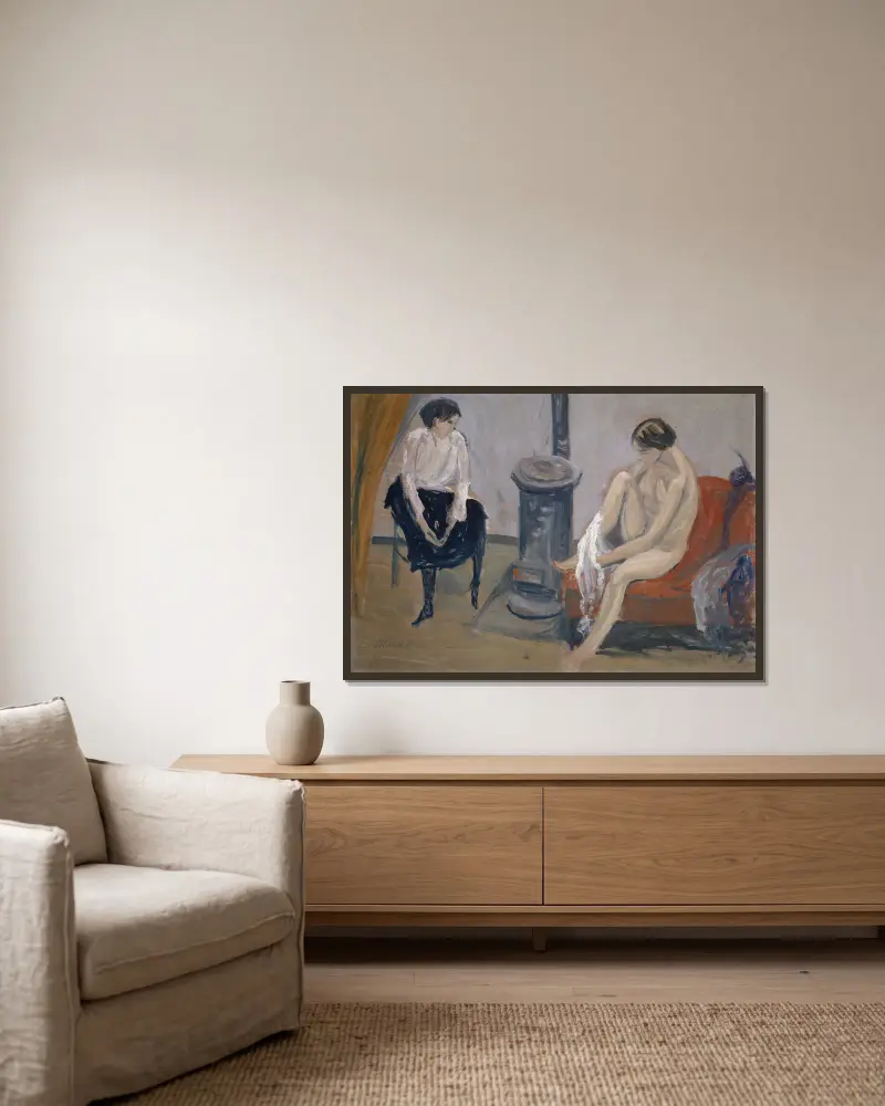 Two Women at a Stove av Ernst Schiess inramad på en vägg