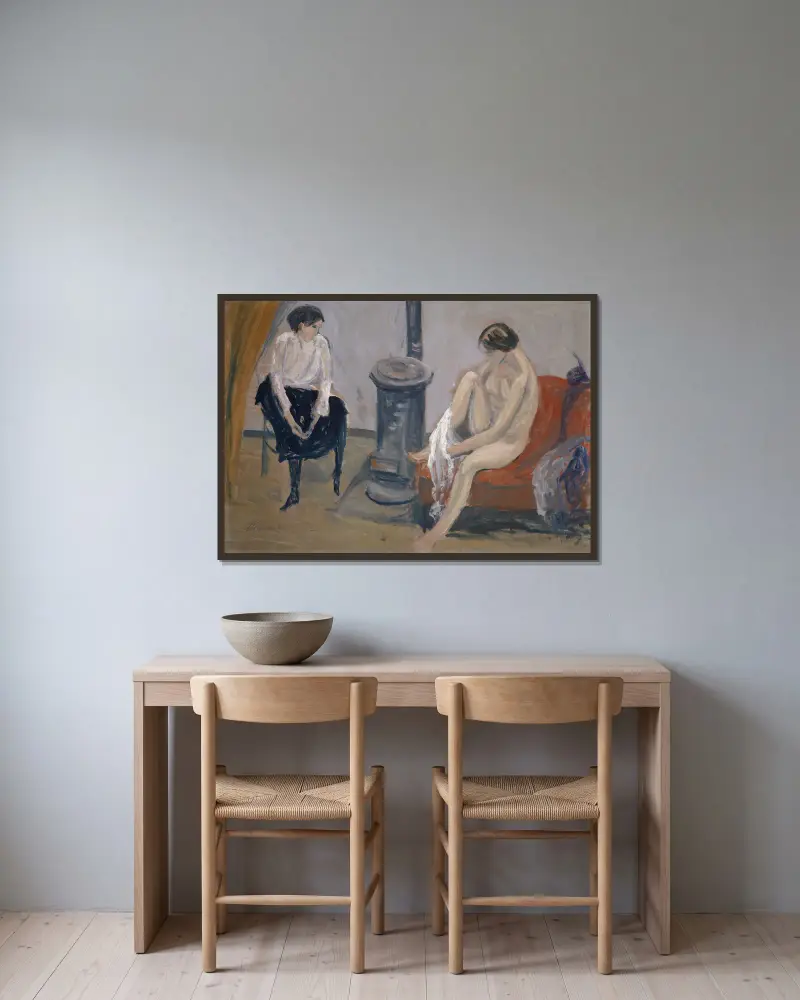 Two Women at a Stove av Ernst Schiess inramad på en vägg