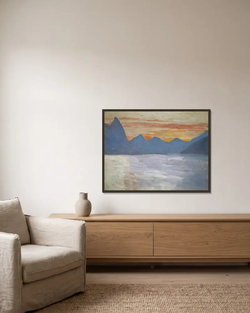 Blick über den Luganersee auf die Berge von Porlezza vor Sonnenaufgang von Ernst Schiess gerahmt an einer Wand