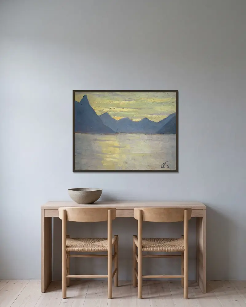 Blick über den Luganersee auf die Berge von Porlezza von Ernst Schiess gerahmt an einer Wand