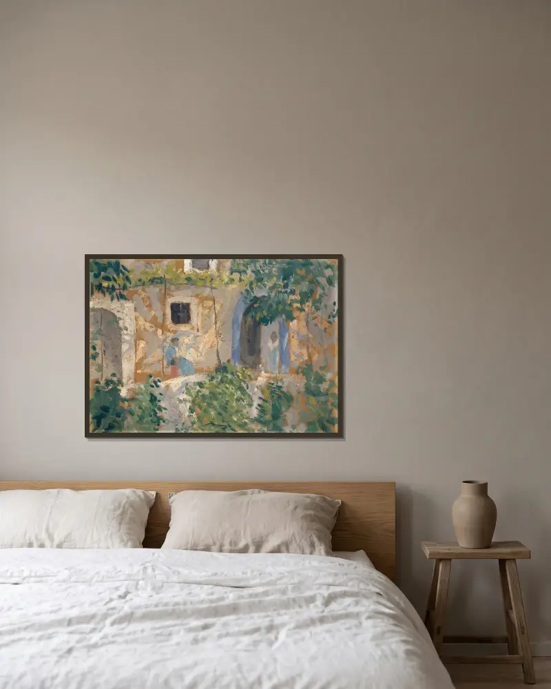 Kvinna med barn framför ett hus av Ernst Schiess inramad på en vägg