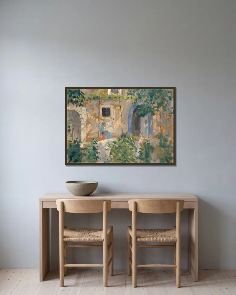 Kvinna med barn framför ett hus av Ernst Schiess inramad på en vägg