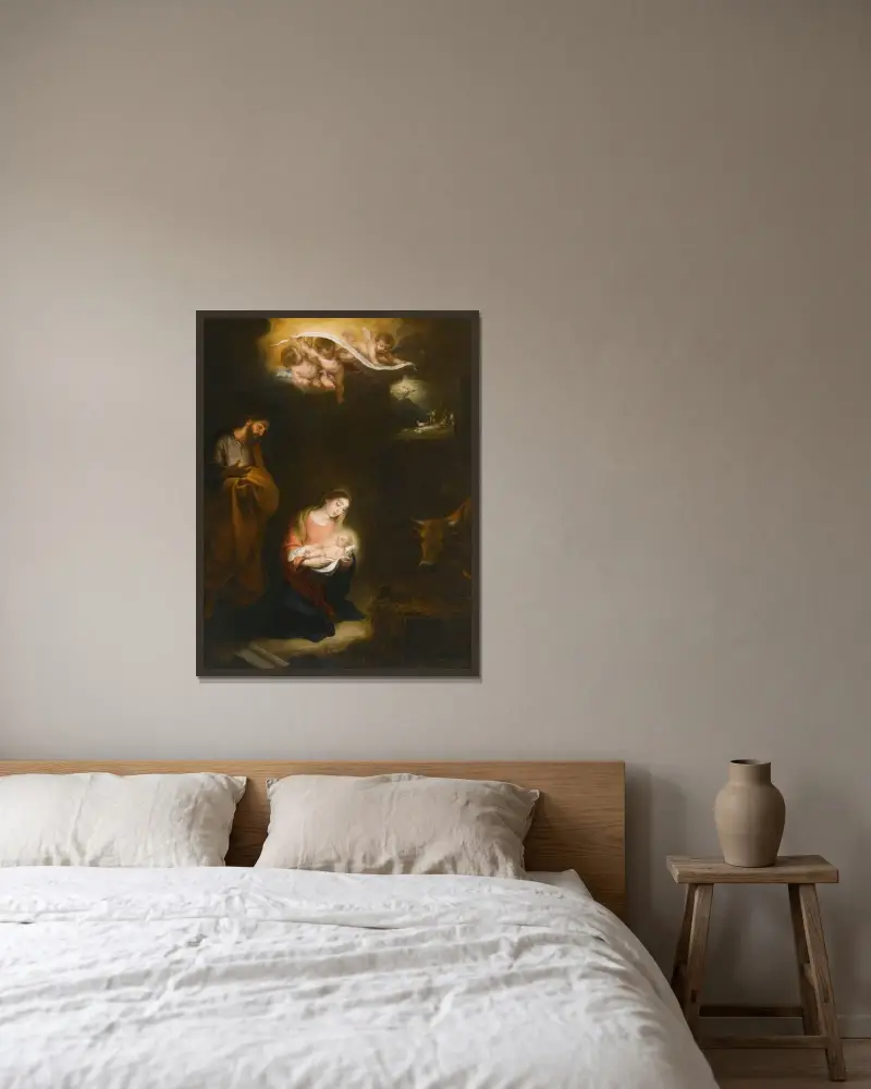 Nattlig scen med Kristi födelse och herdarnas bebådelse av Bartolomé Estebán Murillo inramad på en vägg