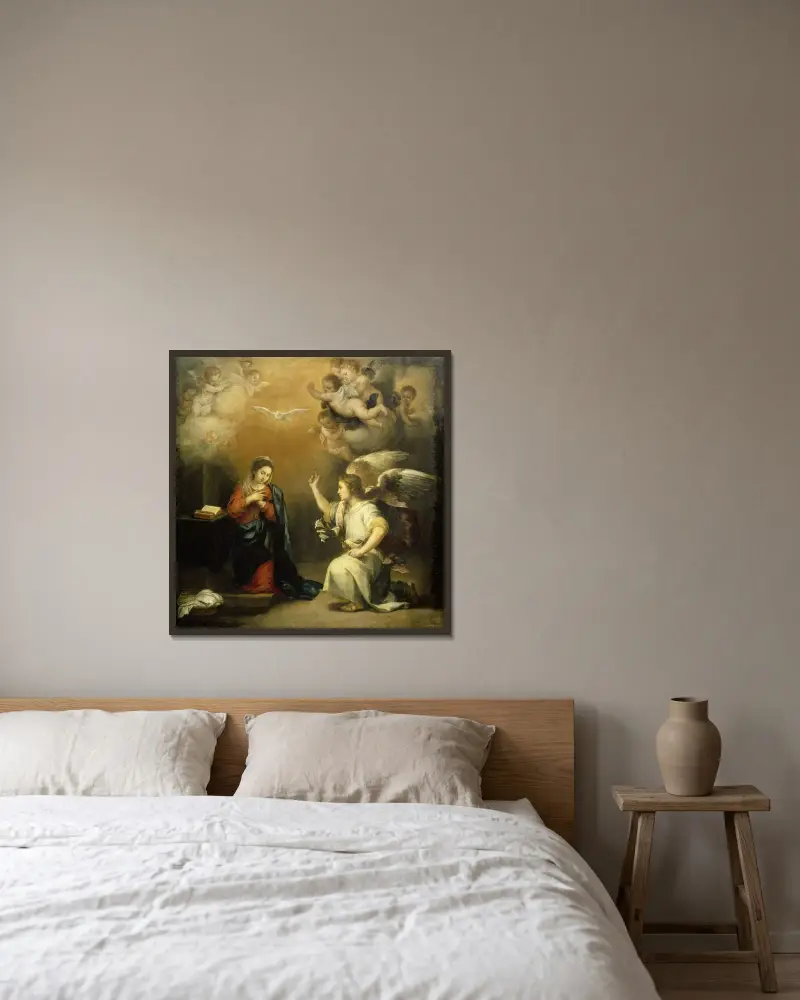 Bebådelsen av Bartolomé Estebán Murillo inramad på en vägg