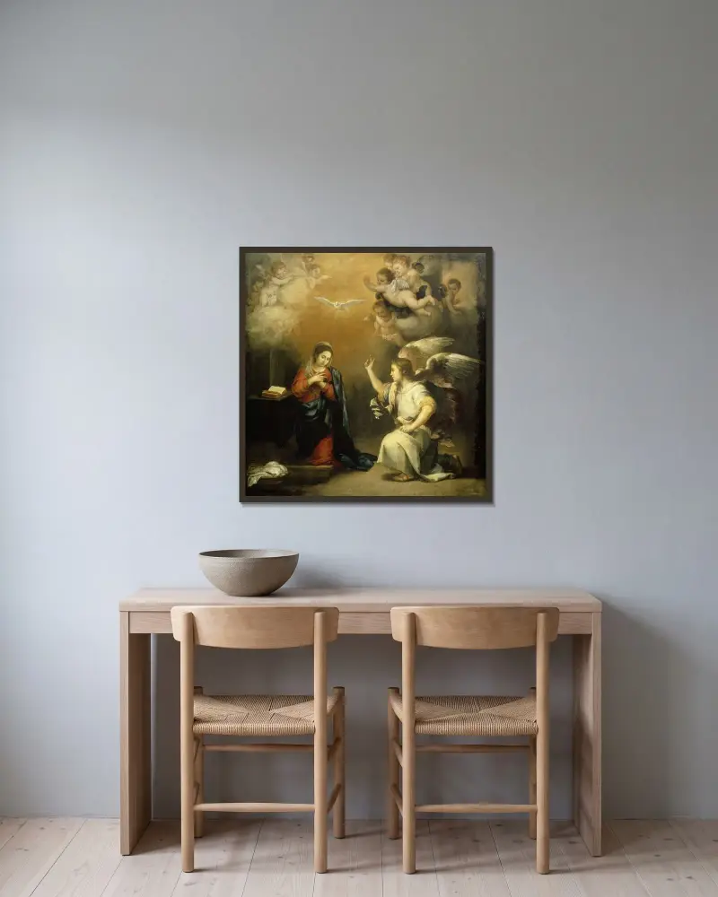 Bebådelsen av Bartolomé Estebán Murillo inramad på en vägg