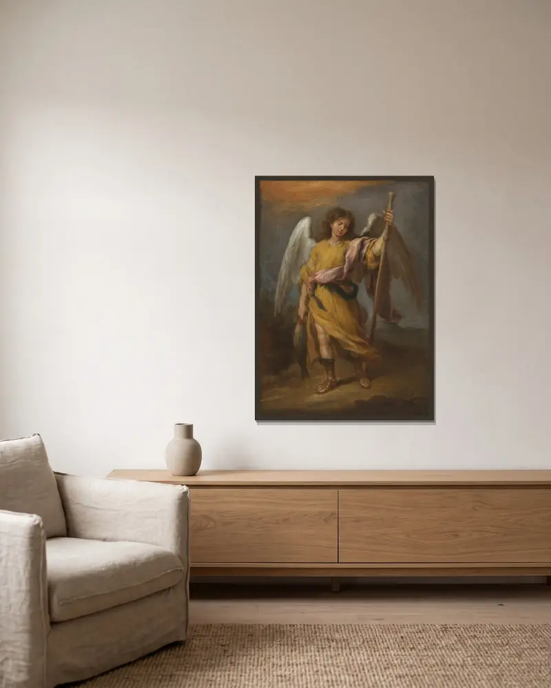 Erzengel Raphael von Bartolomé Estebán Murillo gerahmt an einer Wand