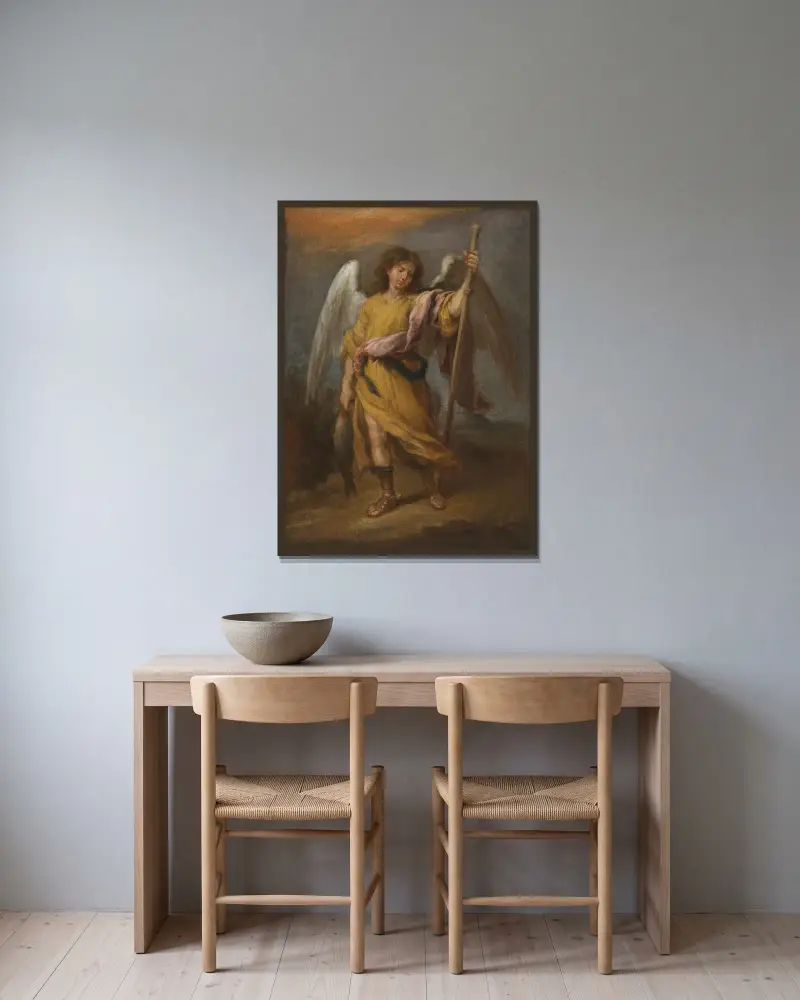 Erzengel Raphael von Bartolomé Estebán Murillo gerahmt an einer Wand