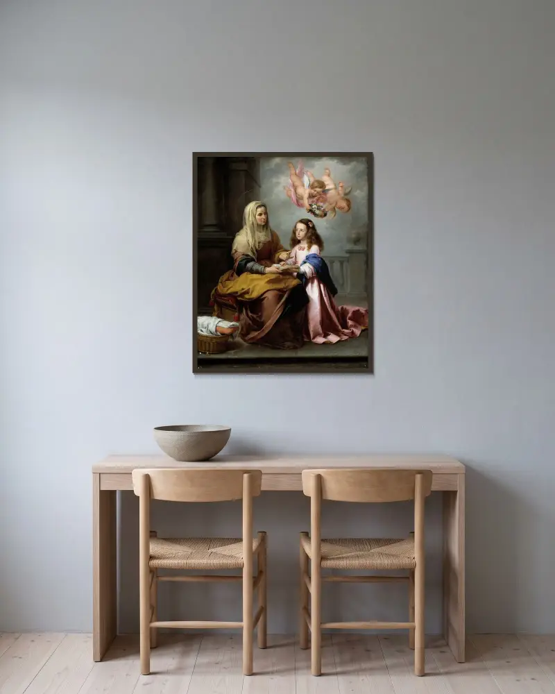 Education Of The Virgin av Bartolomé Estebán Murillo inramad på en vägg