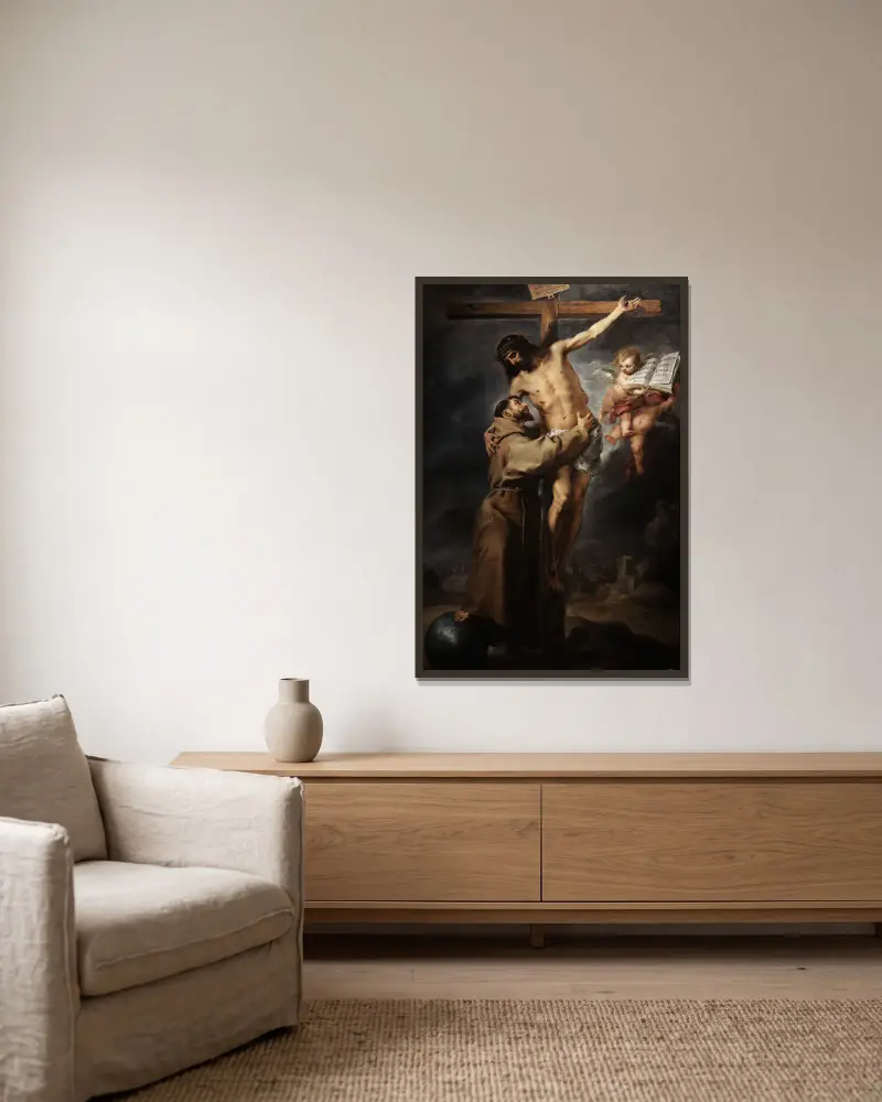 Saint Francis of Assisi embracing the crucified Christ av Bartolomé Estebán Murillo inramad på en vägg