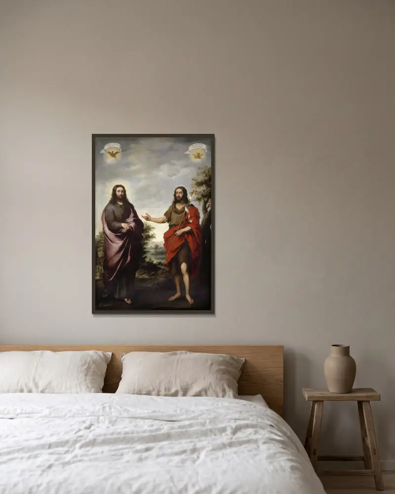 Johannes Döparen pekar på Kristus av Bartolomé Estebán Murillo inramad på en vägg