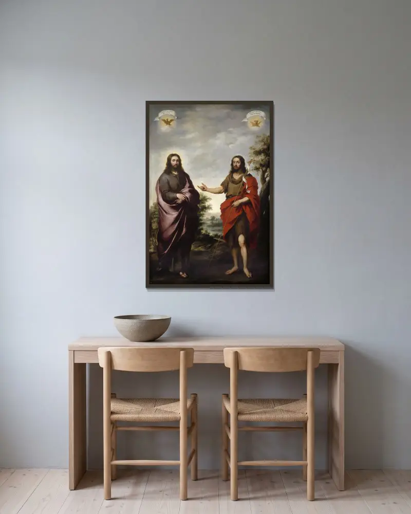 Johannes Döparen pekar på Kristus av Bartolomé Estebán Murillo inramad på en vägg