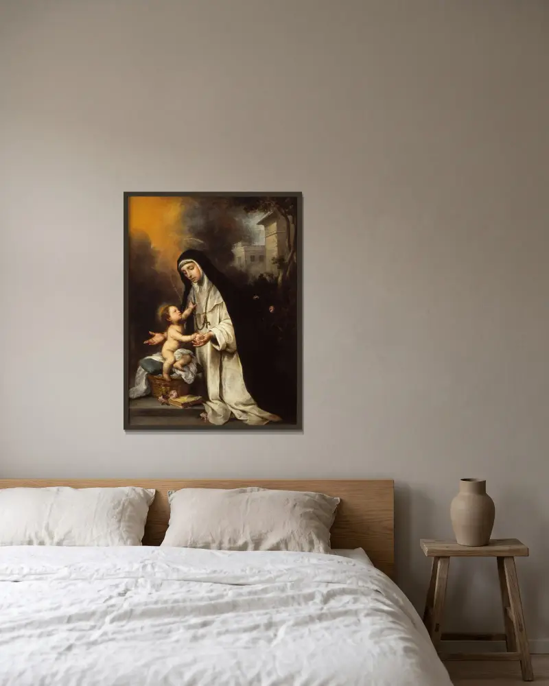 Den heliga Rosa av Lima av Bartolomé Estebán Murillo inramad på en vägg