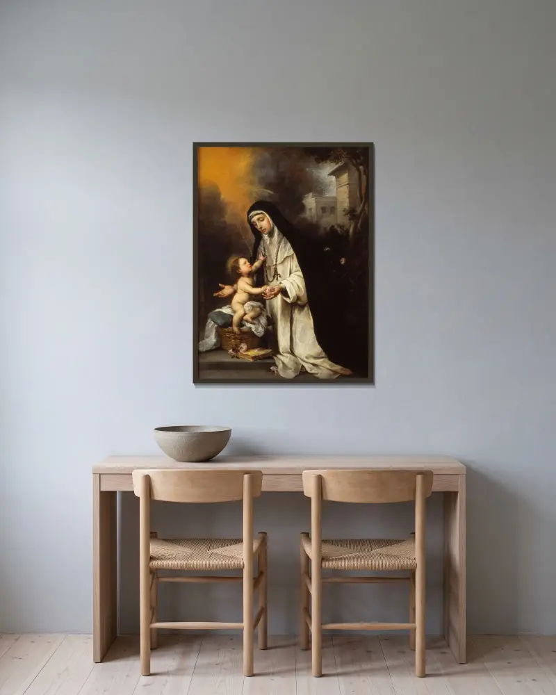 Den heliga Rosa av Lima av Bartolomé Estebán Murillo inramad på en vägg