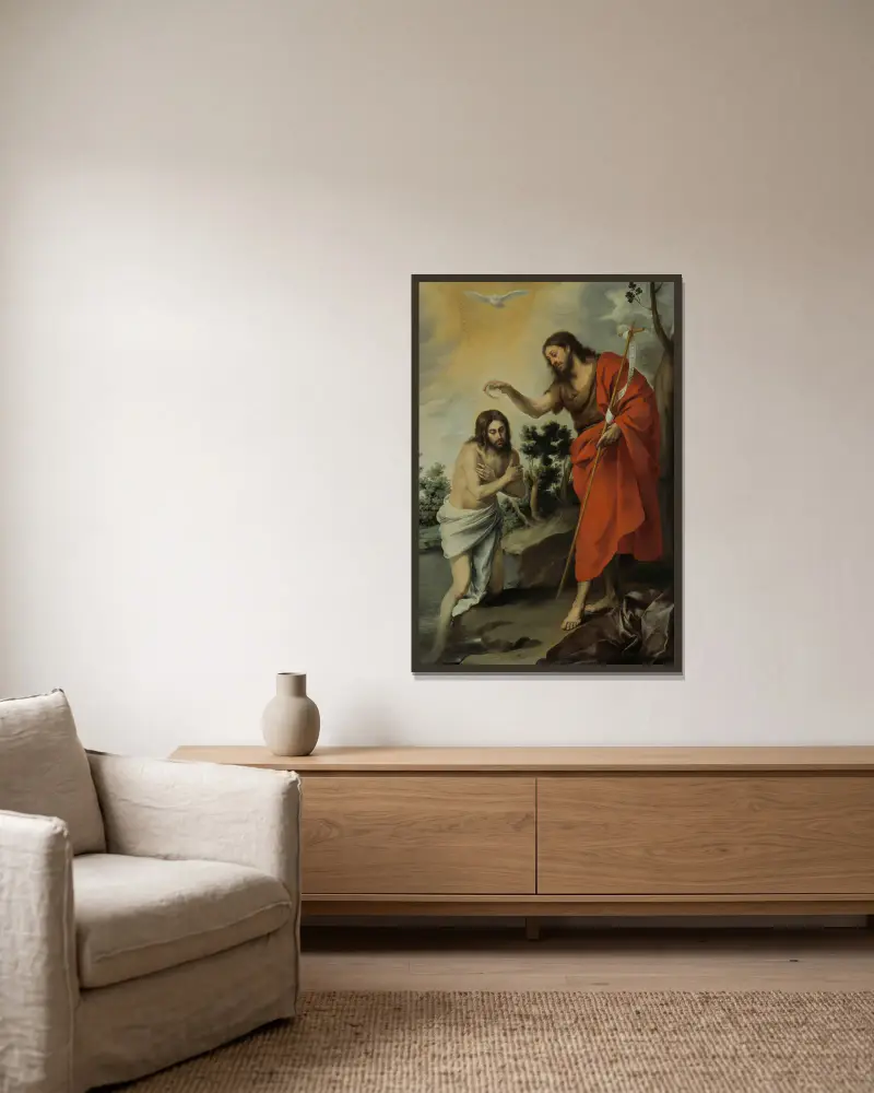 The Baptism of Christ av Bartolomé Estebán Murillo inramad på en vägg