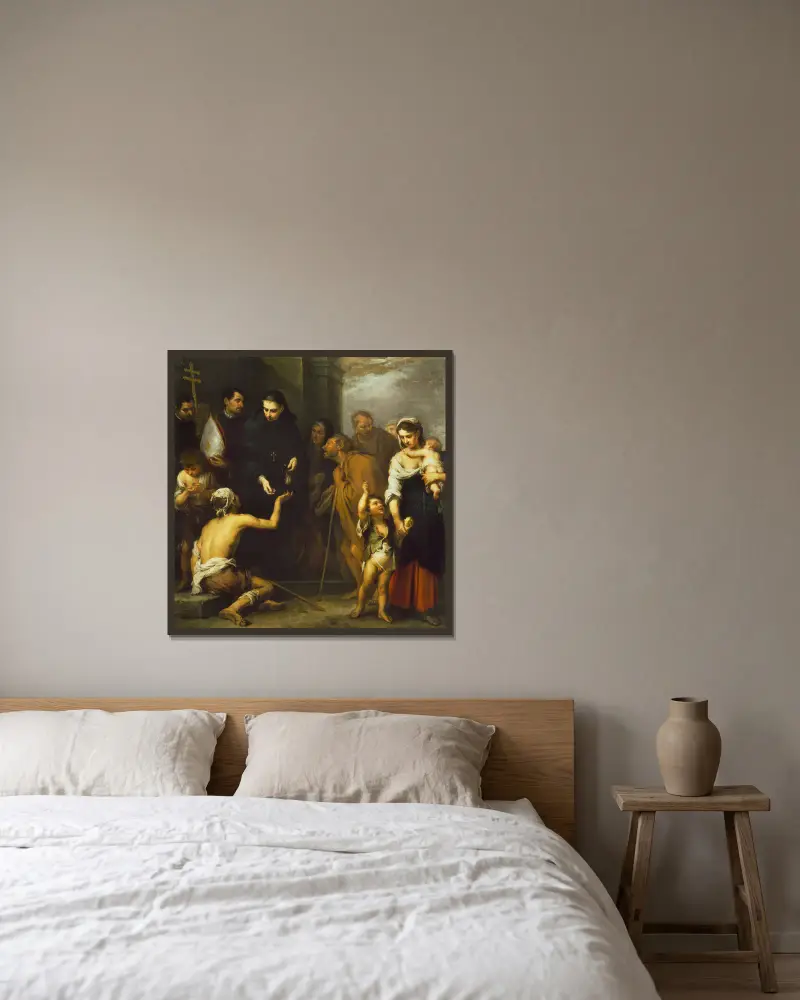 Den helige Thomas av Villanuevas välgörenhet av Bartolomé Estebán Murillo inramad på en vägg