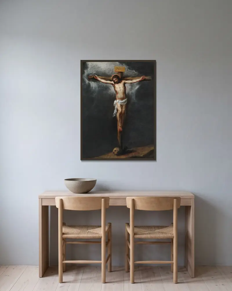Korsfästelsen av Bartolomé Estebán Murillo inramad på en vägg