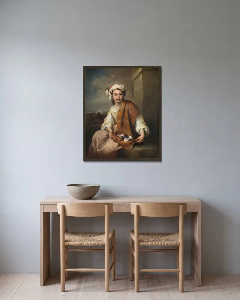 Blomsterflickan av Bartolomé Estebán Murillo inramad på en vägg
