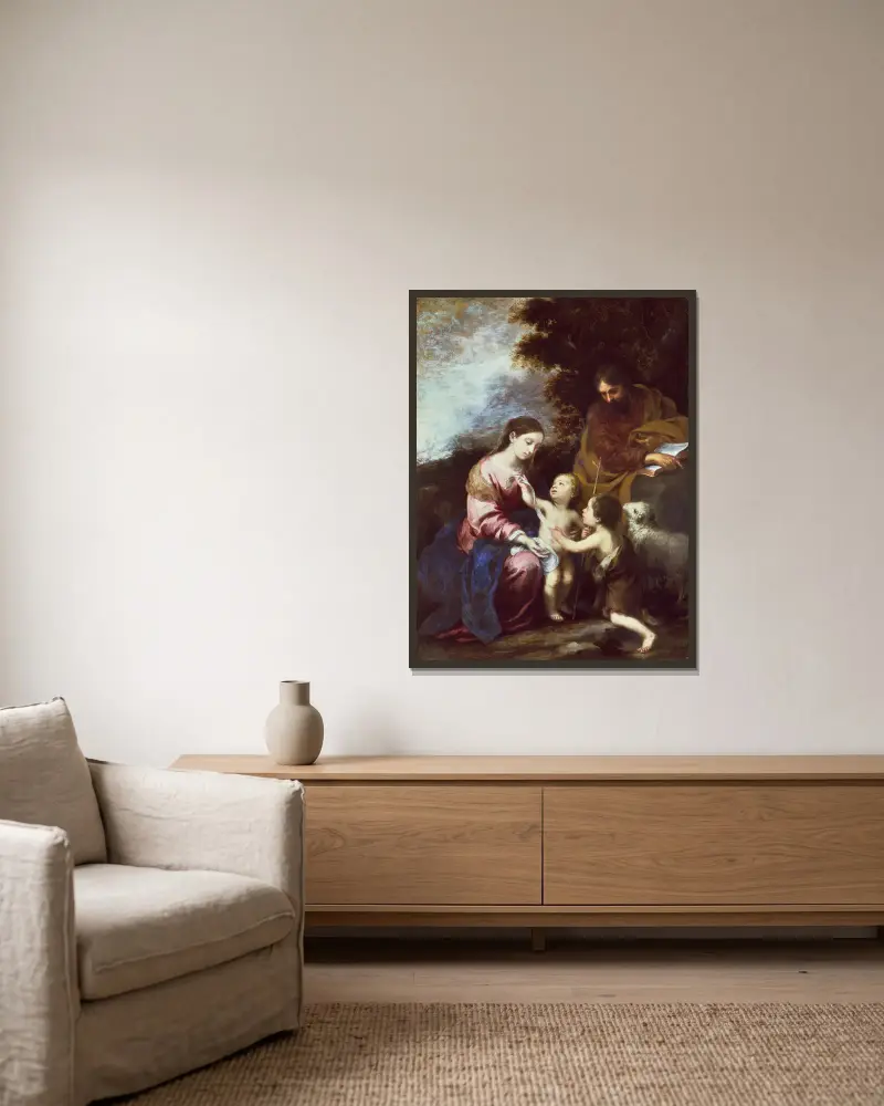 The Holy Family with the Infant Baptist av Bartolomé Estebán Murillo inramad på en vägg