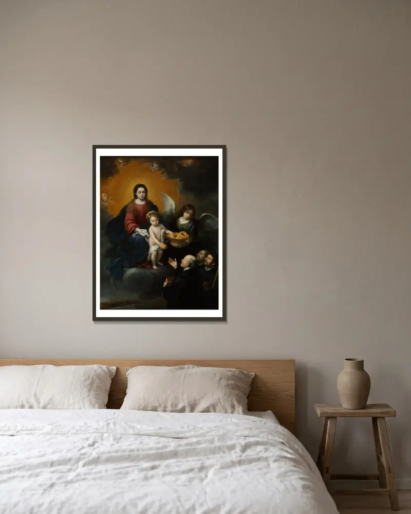 The Infant Christ Distributing Bread To The Pilgrims av Bartolomé Estebán Murillo inramad på en vägg