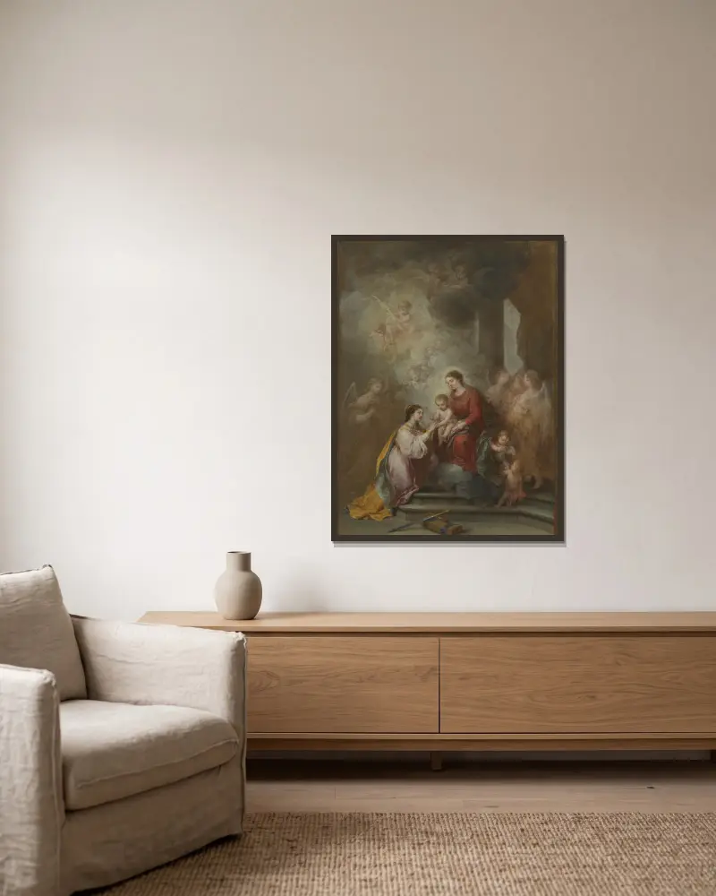 The Mystic Marriage of Saint Catherine av Bartolomé Estebán Murillo inramad på en vägg