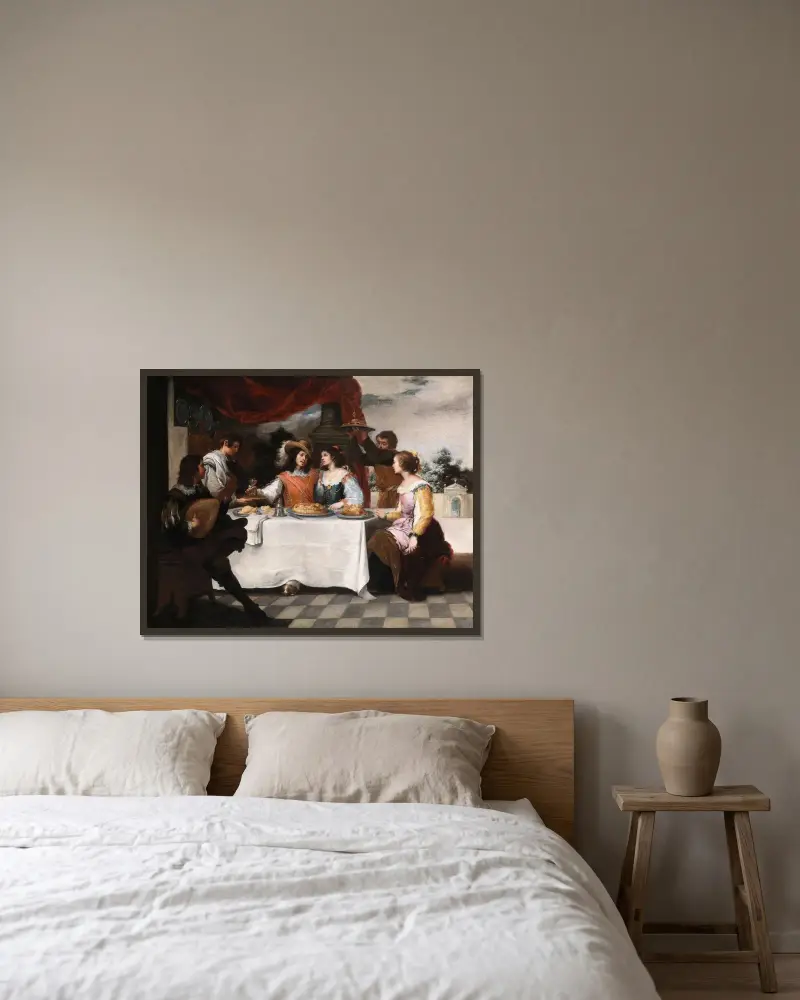 Der verlorene Sohn beim Festmahl von Bartolomé Estebán Murillo gerahmt an einer Wand
