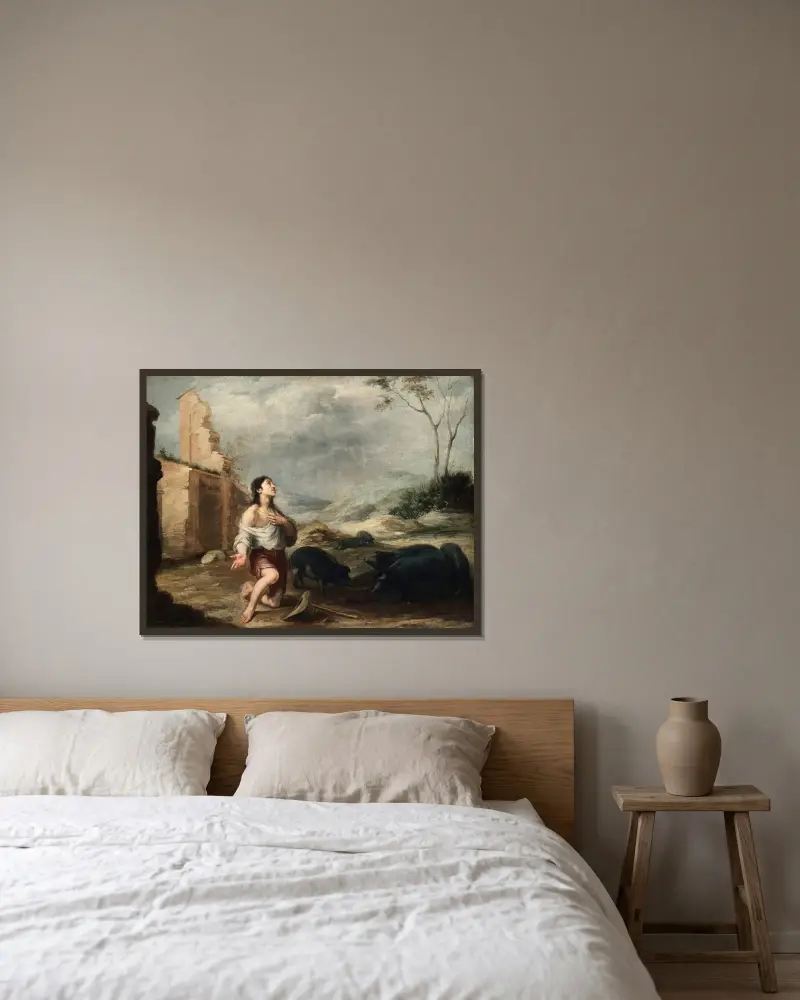 Den förlorade sonen vaktar svin av Bartolomé Estebán Murillo inramad på en vägg