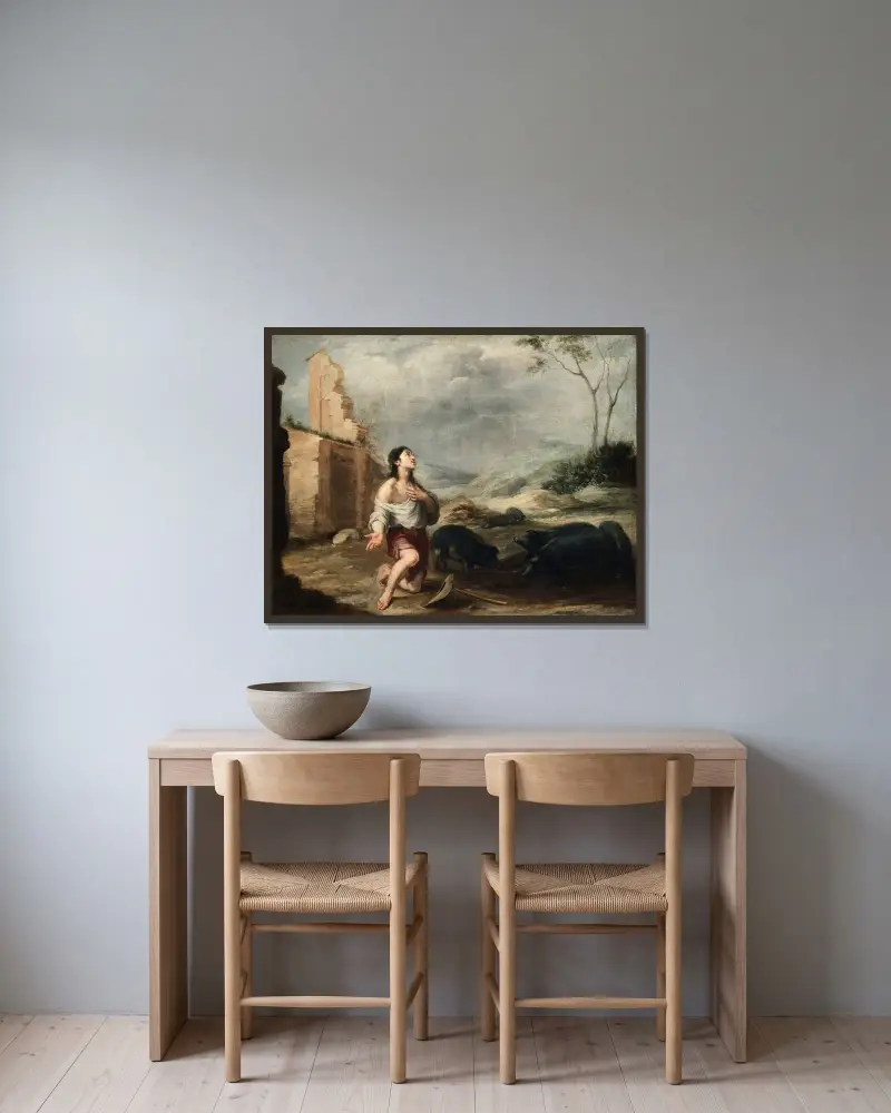 Den förlorade sonen vaktar svin av Bartolomé Estebán Murillo inramad på en vägg