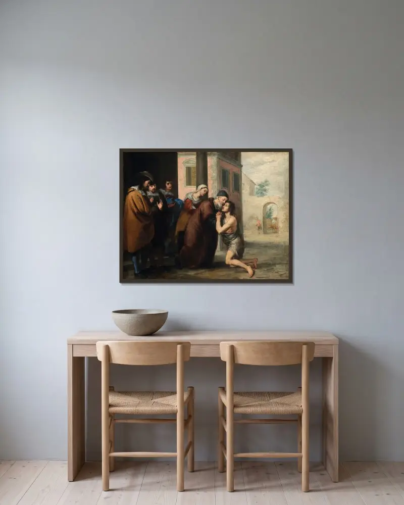 Återkomsten av den förlorade sonen av Bartolomé Estebán Murillo inramad på en vägg
