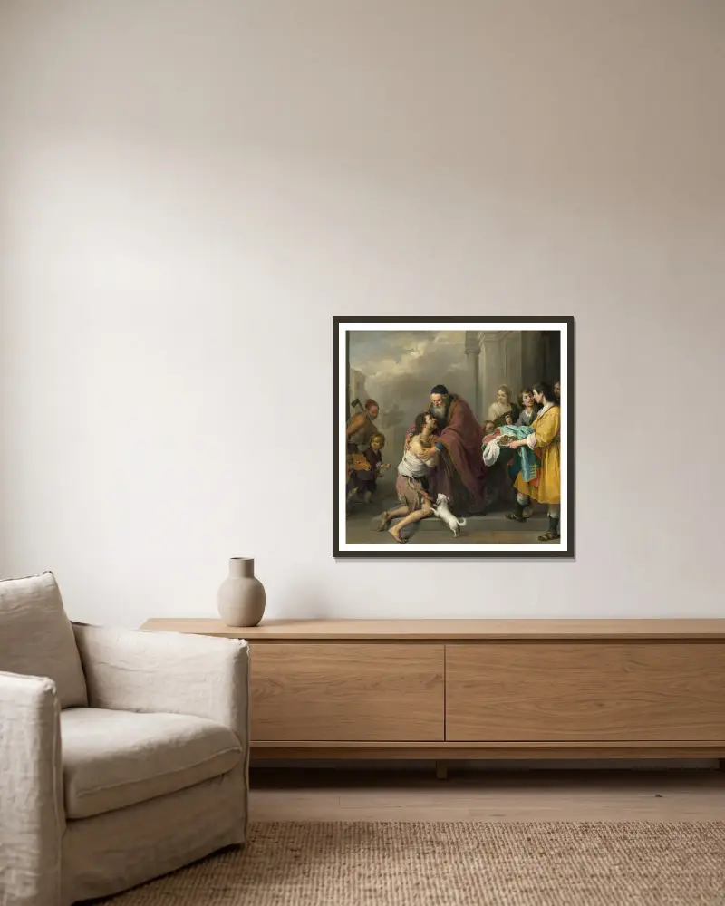 The Return of the Prodigal Son av Bartolomé Estebán Murillo inramad på en vägg