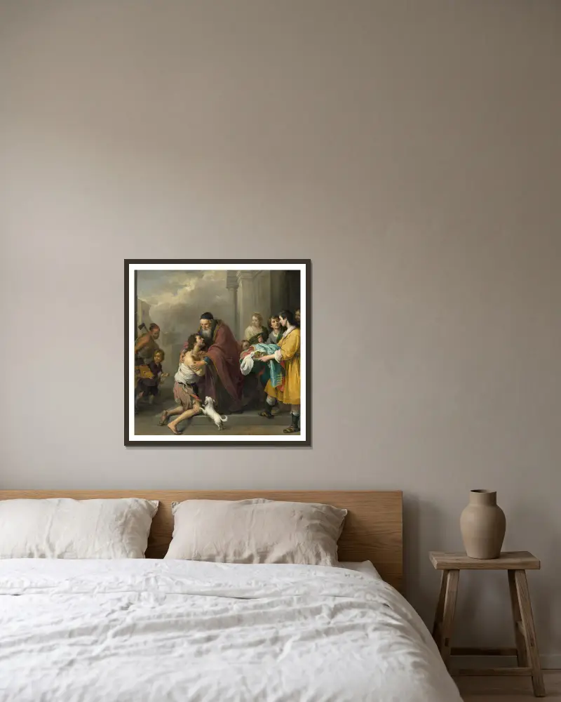 The Return of the Prodigal Son av Bartolomé Estebán Murillo inramad på en vägg