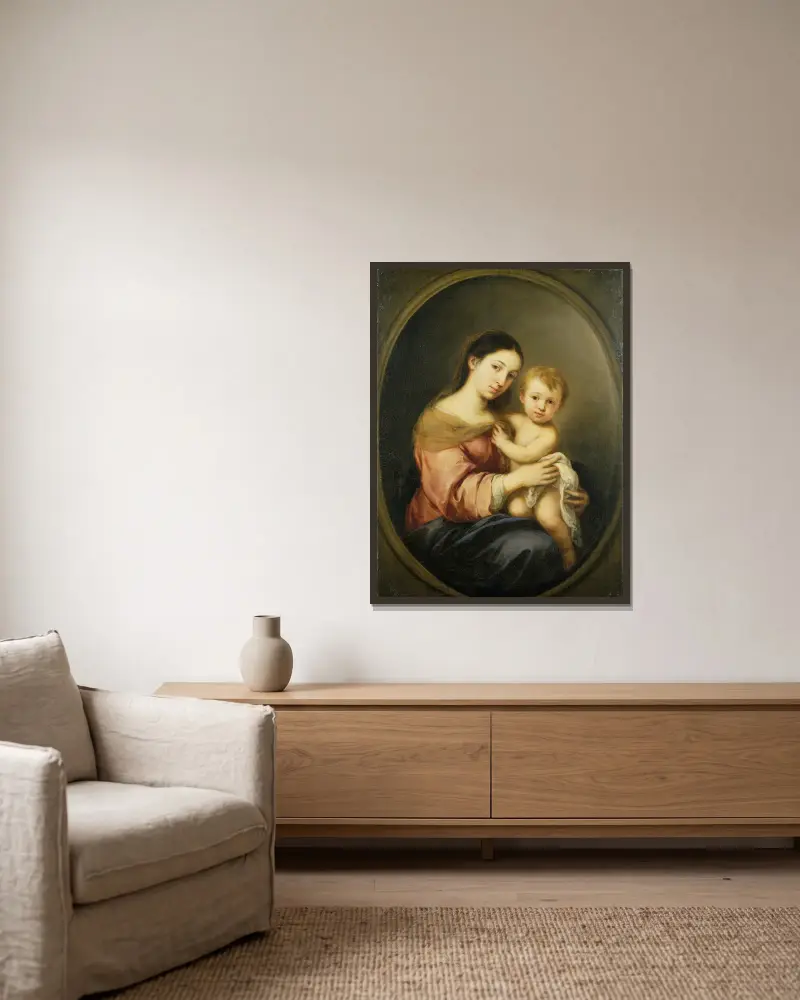 Jungfrau und Kind von Bartolomé Estebán Murillo gerahmt an einer Wand