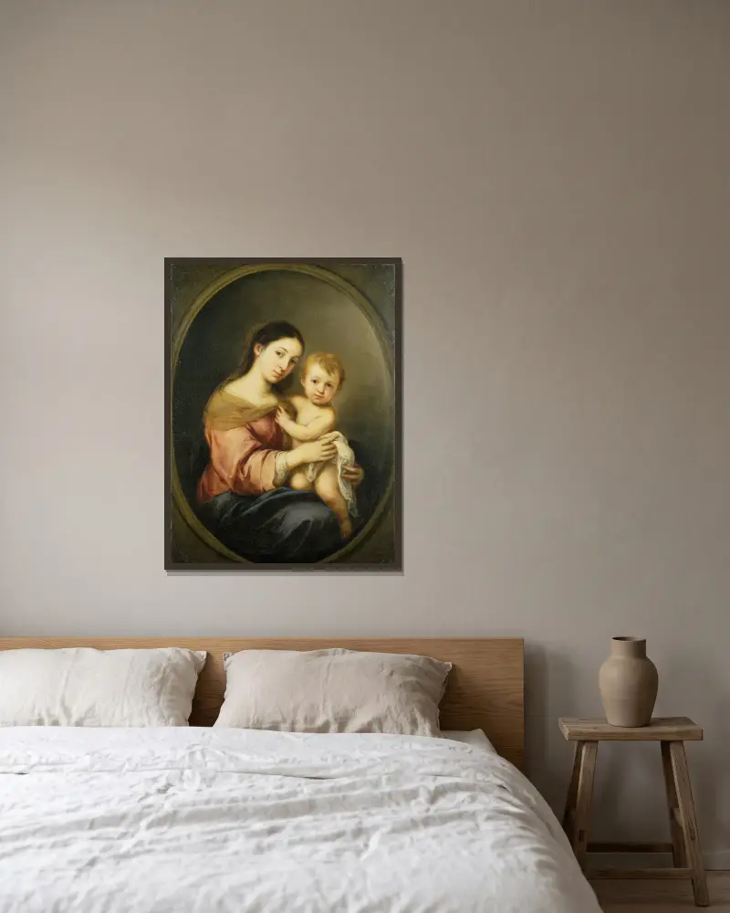 Jungfrau und Kind von Bartolomé Estebán Murillo gerahmt an einer Wand