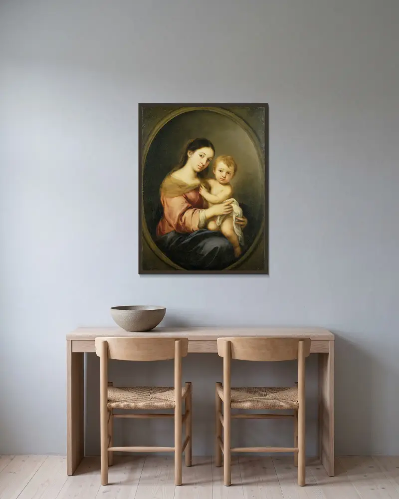 Jungfrau und Kind von Bartolomé Estebán Murillo gerahmt an einer Wand