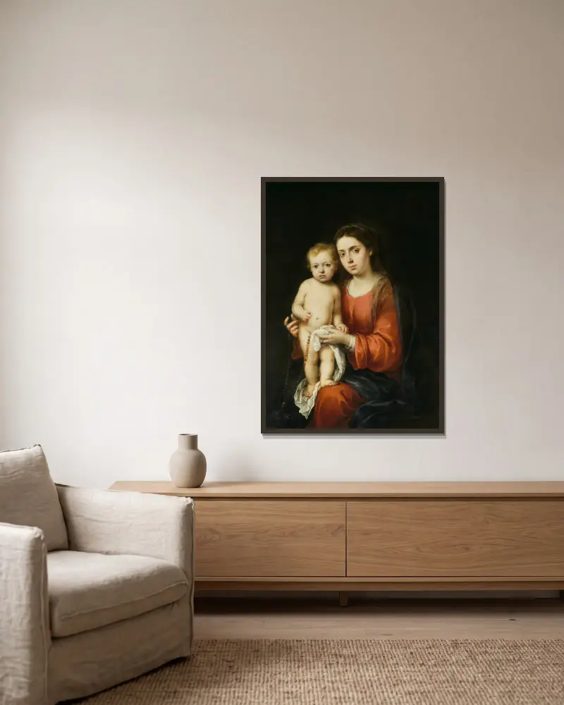 The Virgin and Child with a Rosary av Bartolomé Estebán Murillo inramad på en vägg