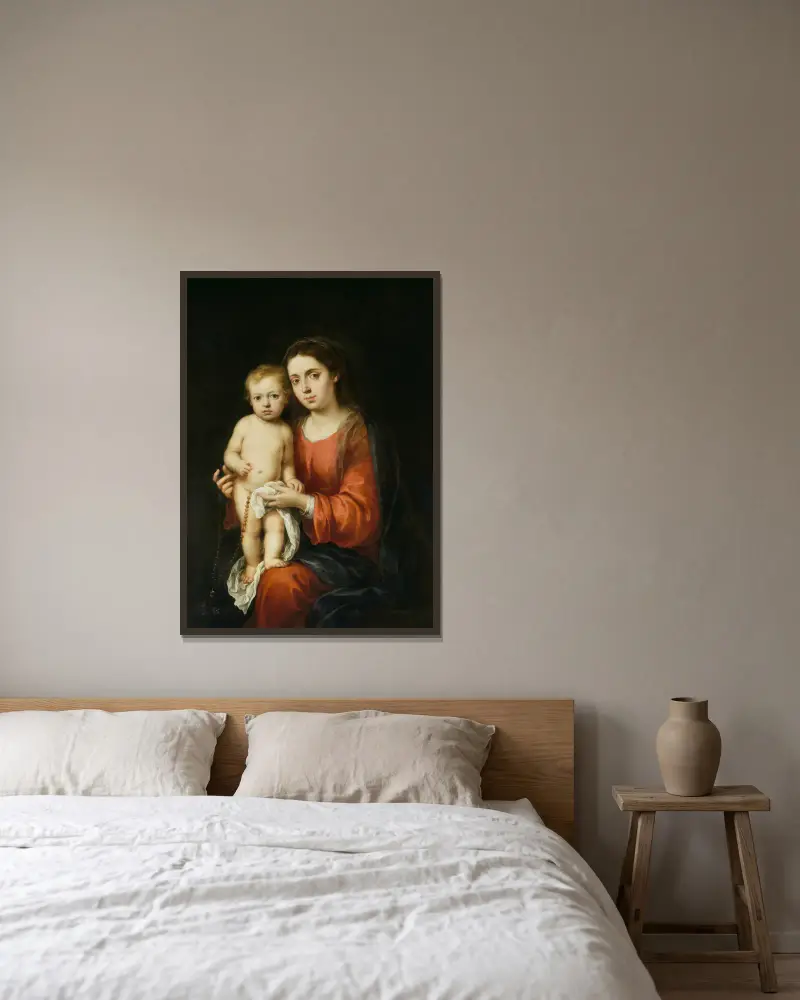 The Virgin and Child with a Rosary av Bartolomé Estebán Murillo inramad på en vägg