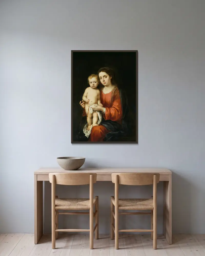 The Virgin and Child with a Rosary av Bartolomé Estebán Murillo inramad på en vägg