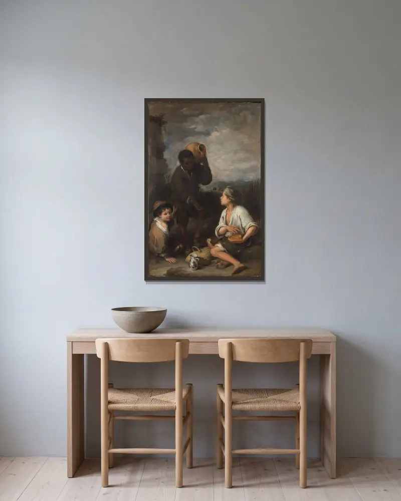 Drei Jungen von Bartolomé Estebán Murillo gerahmt an einer Wand