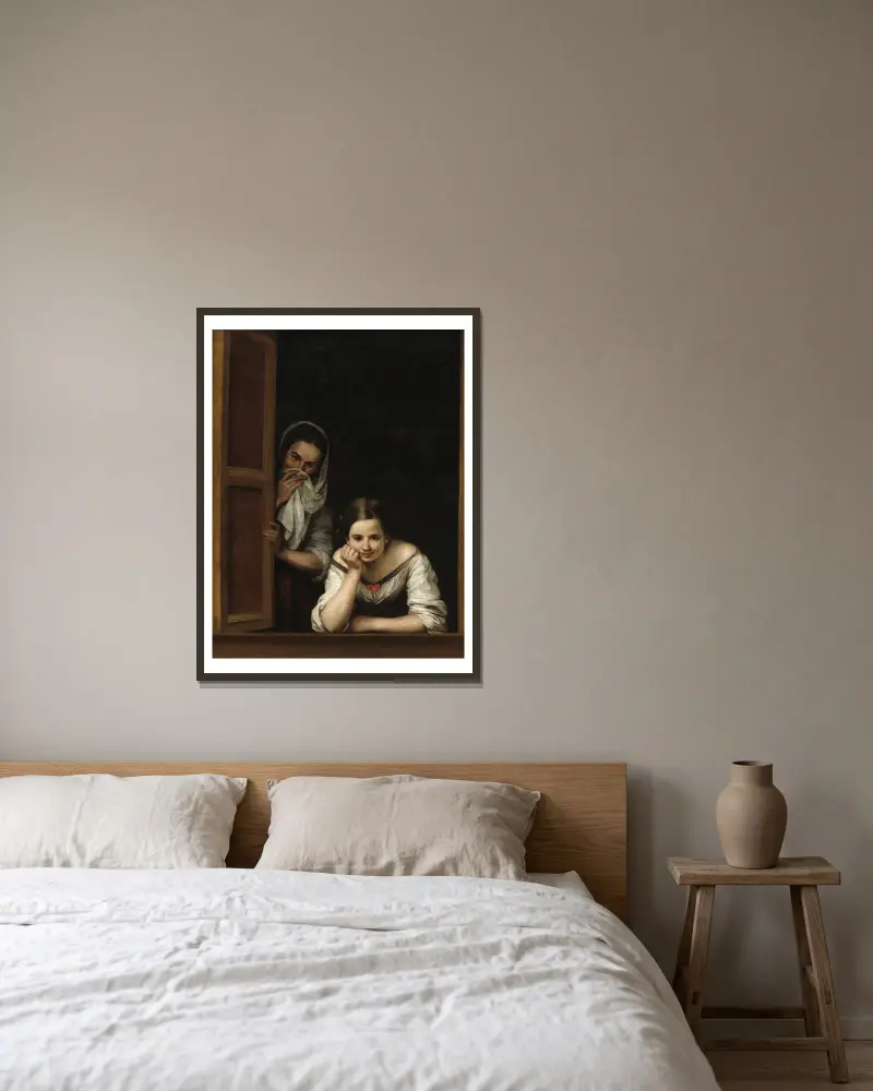 Zwei Frauen an einem Fenster von Bartolomé Estebán Murillo gerahmt an einer Wand