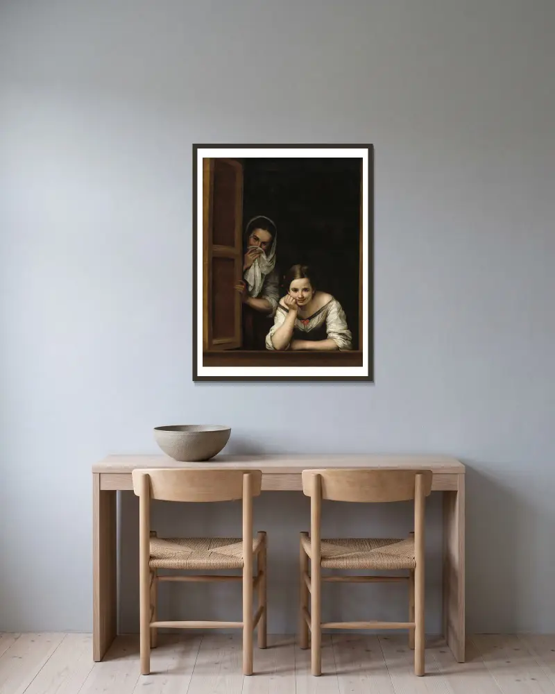 Zwei Frauen an einem Fenster von Bartolomé Estebán Murillo gerahmt an einer Wand