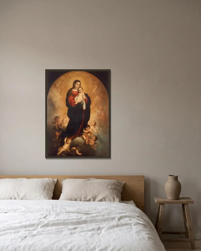 Jungfru och barn i härlighet av Bartolomé Estebán Murillo inramad på en vägg