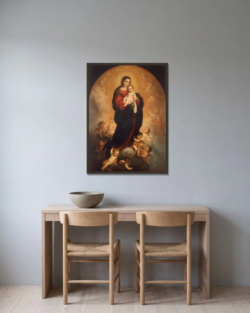 Jungfru och barn i härlighet av Bartolomé Estebán Murillo inramad på en vägg