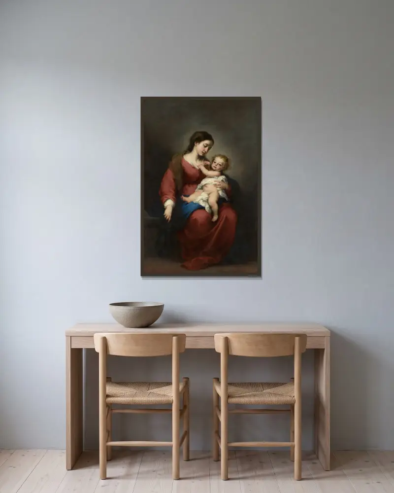 Jungfru och barn av Bartolomé Estebán Murillo inramad på en vägg
