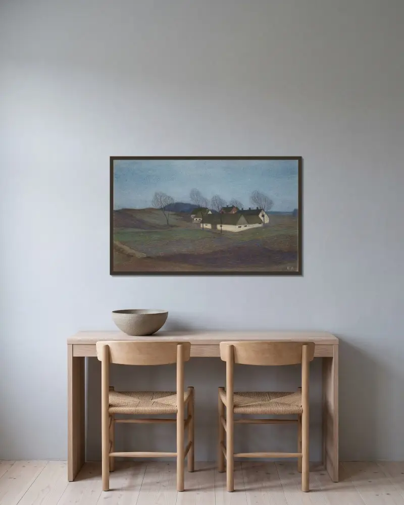 A Farm House in Själland av Ester Almqvist inramad på en vägg