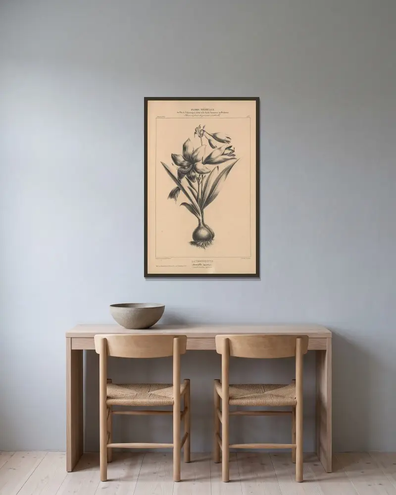 Amerikansk flora Pl.28 av Etienne Denisse inramad på en vägg