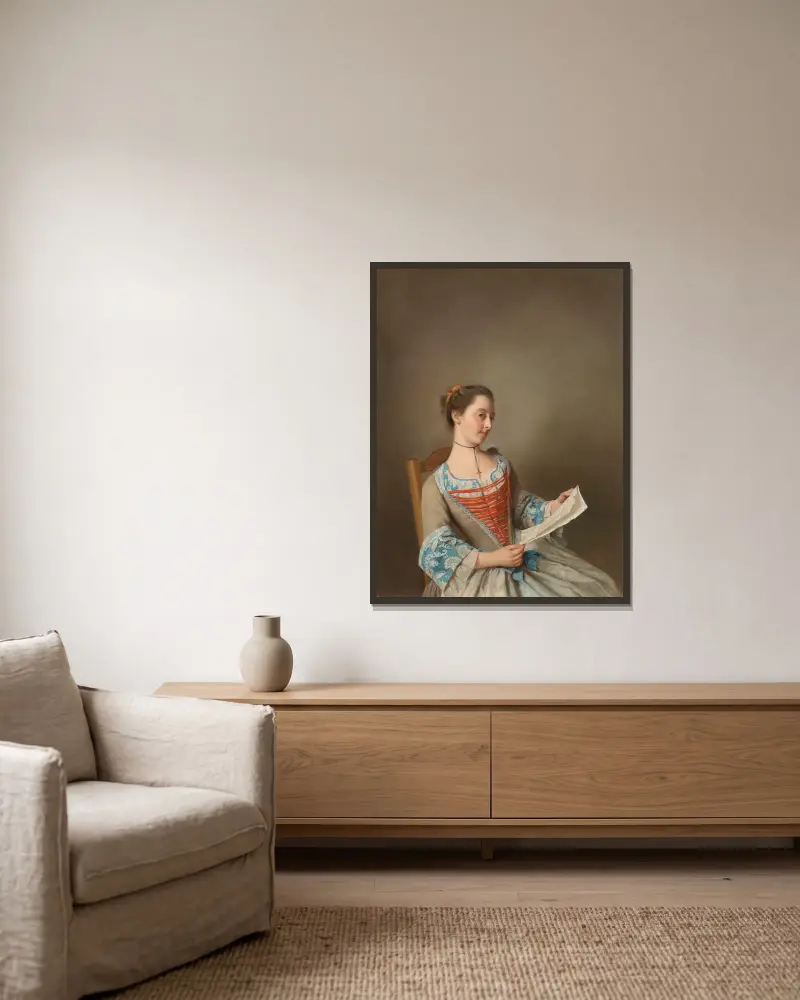 Čtenářka (Portrét Susanny Lewis, sedící), Jean-Etienne Liotard v rámu na stěně