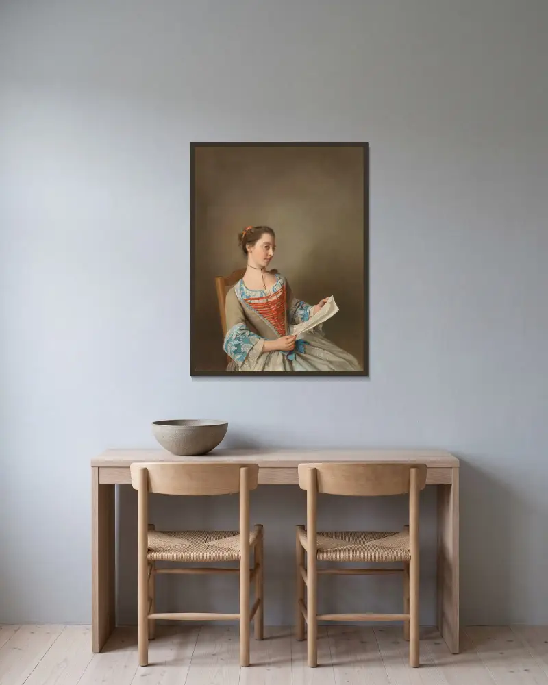 Čtenářka (Portrét Susanny Lewis, sedící), Jean-Etienne Liotard v rámu na stěně