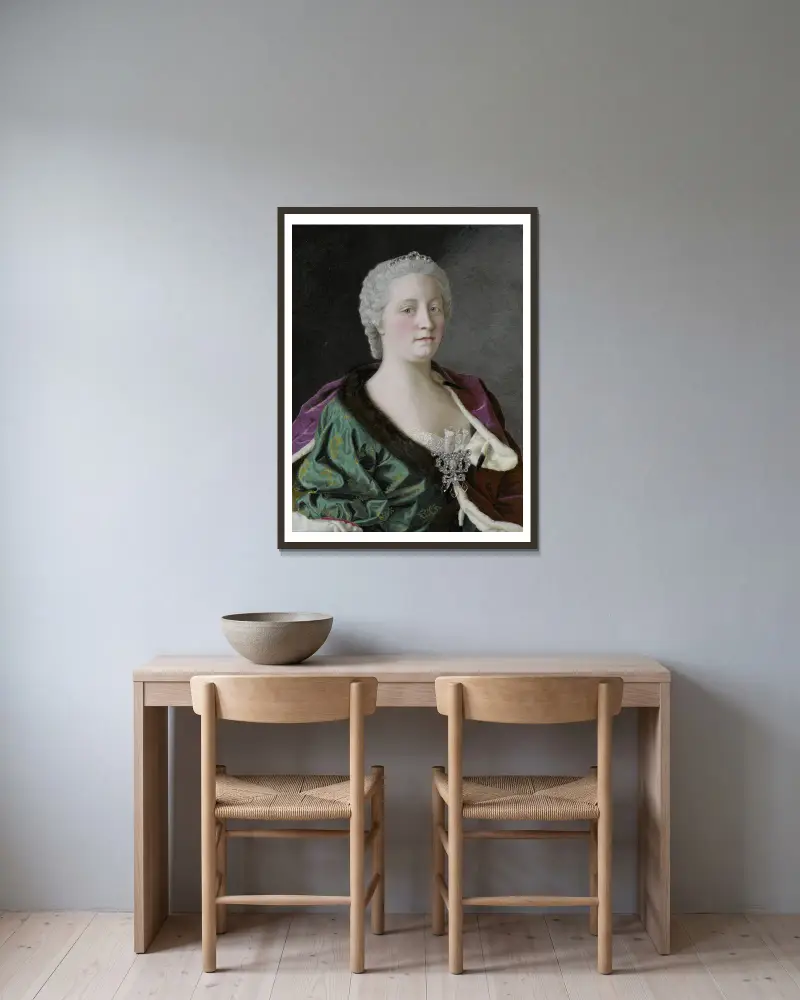Maria Theresa, Archduchess of Austria, Queen of Hungary and Bohemia, and Holy Roman Empress av Jean-Etienne Liotard inramad på en vägg